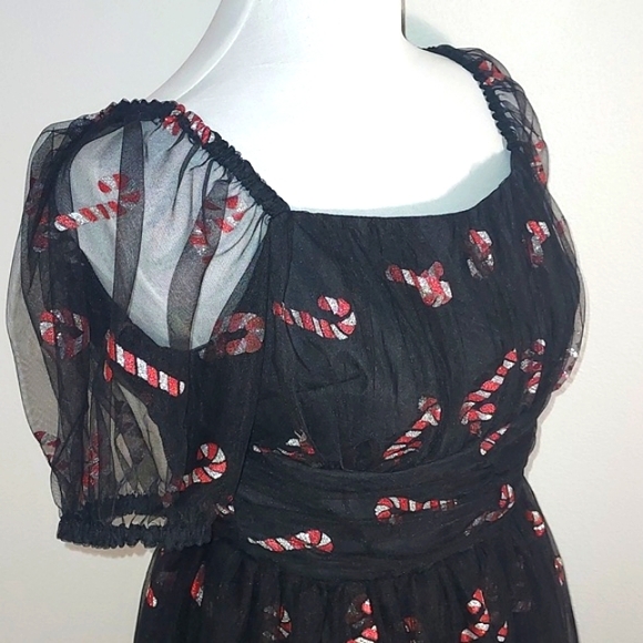 Unique Vintage Black Glitter Sheer Mesh Candy Cane Babydoll Dress Size S/4 NWT - Picture 5 of 16